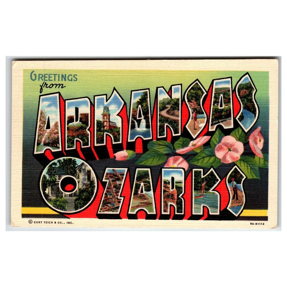 Greetings from Arkansas Ozarks Large Letter Vintage Postcard Curt Teich